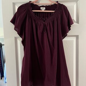Ava & Viv Wine Smocked Neck Flutter Sleeve Blouse